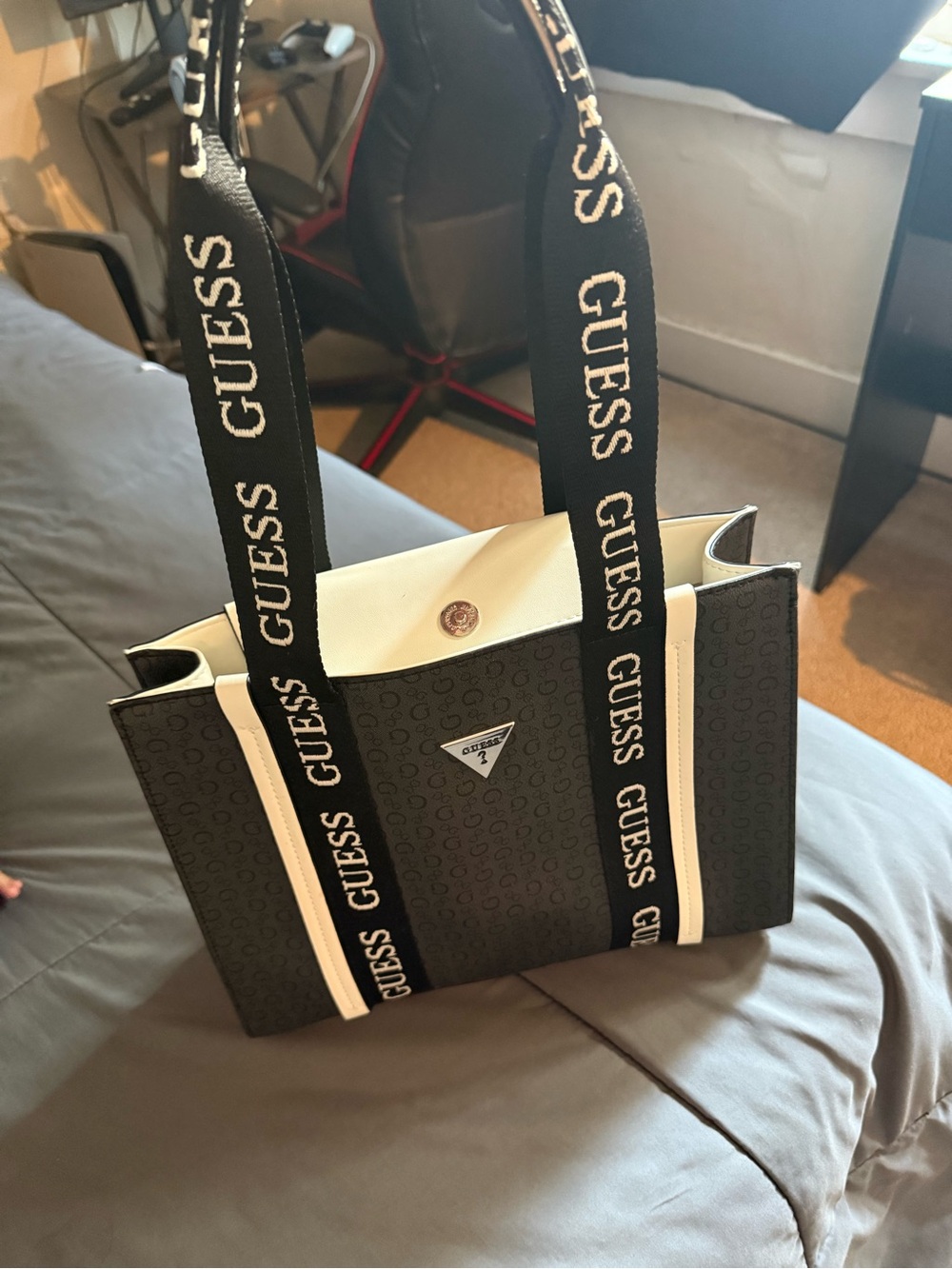 GUESS Black and Cream Logo Strap Tote